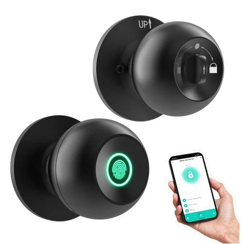 GHome Smart Fingerprint Door Lock, Door Knob with App Smart Lock for Bedroom Door, Keyless Entry, Type-C Port Emergency Charging, Biometric Lock Great for Room, Garage, Office, Apartment (Matt Black)