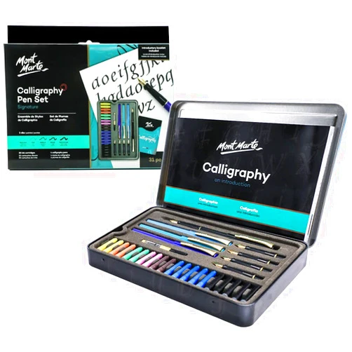 Mont Marte Calligraphy Set, 32 Piece. Includes Calligraphy Pens, Calligraphy Nibs, Ink Cartridges, Introduction Booklet and Exercise Booklet, Packaging May Vary