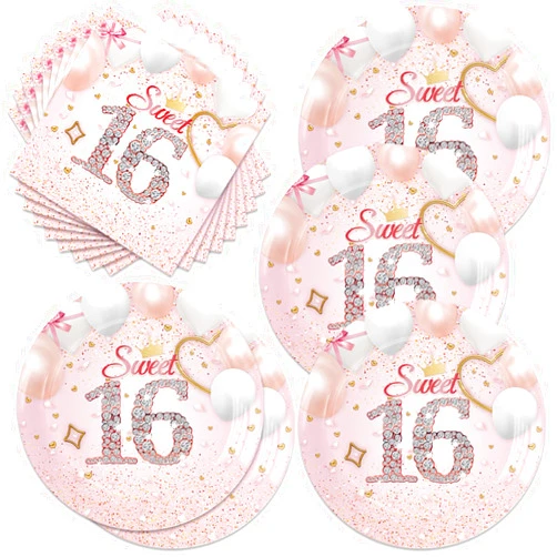Frerand 40Pack Sweet 16 Rose Gold Birthday Party Supplies, Include 20 Plates and 20 Napkins,Birthday Tableware Decorations for Girls