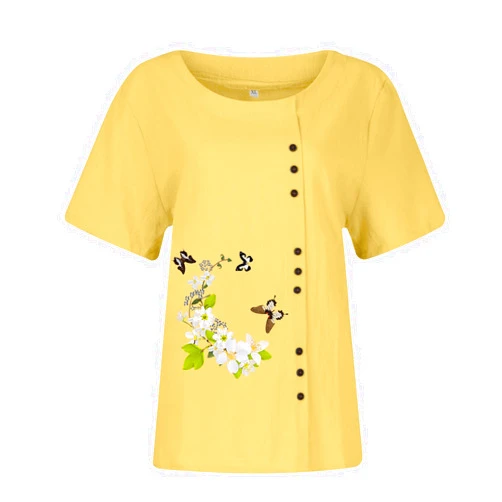 Generic Summer Womens Cotton Linen Shirt Casual Print Button Down Blouses Tops Short Sleeve Crewneck Loose Basic Tunics