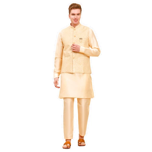 Pro-Ethic Style Developer Mens Indian Traditional Silk Kurta Set With Jacket For Men Floral Design (C-111)