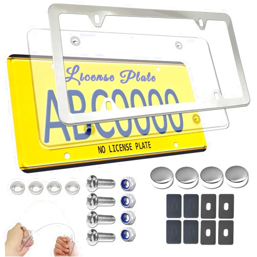 ZXFOOG License Plate Frame Cover Kit- Clear Flat Plate Cover & Stainless Steel Car Tag Holder, Unbreakable Novelty Protector Fit Standard US Plate, Mount Screws, Chrome Caps, 1 Pack for Front or Rear