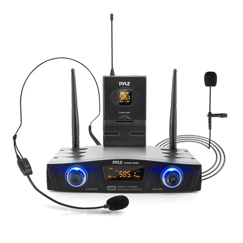 PYLE Compact UHF Wireless Microphone System - Pro Portable 1 Channel Desktop Digital Mic Receiver Set w/ Belt-Pack Transmitter, Receiver, Headset and Lavalier Mics, XLR, For Home, PA PDWM1988B,Black