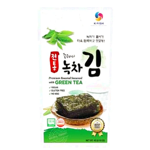 BadaAechan [K·FISH Certified] Premium Roasted Seaweed (Laver) Snack with Green Tea, Pack of 16, Product of Republic of KOREA