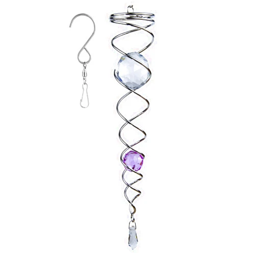 Prefdo 12 inch Gazing Ball Spiral Tail, Prefdo Stainless Steel Wind Spinner Stabilizer with 2 Glass Balls Prism and Hanging Swivel Hook for Outdoor Yard Garden Decoration(Purple)