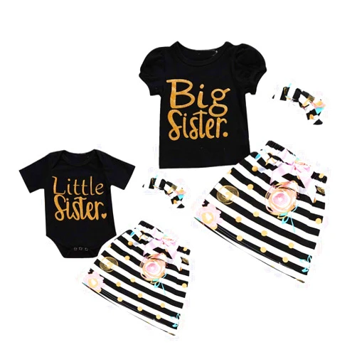 Camidy Little Big Sister Matching Romper T-Shirt Polka Dot Skirt Headband Outfits Set