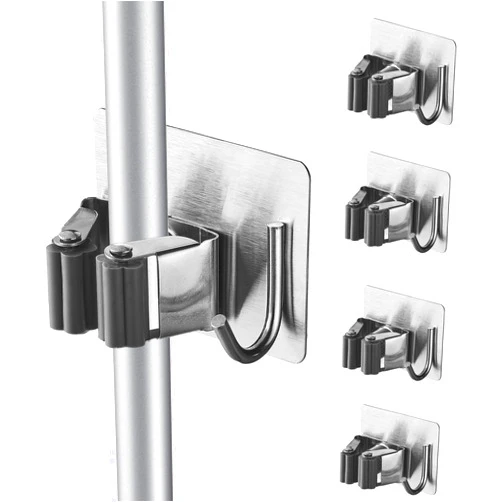 Cokshy 4 Pcs Stainless Steel Broom Holder, Heavy Duty Garden Organizer Rack Rake and Shovel Handle Square Rust Resistant Broom Holder Wall Mount for Kitchen Bathroom Closet Garden Garage - Gray