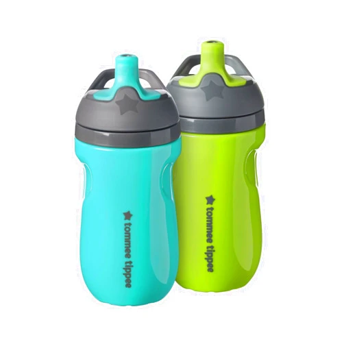 Tommee Tippee Insulated Sporty Bottle, 9oz, No Spill Toddler Water Bottle For 12 months +, Two-Piece Valve Helps Stop Spills, Pack of 2, Green and Teal