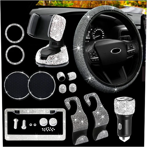 MAIMEIMI Bling Car Accessories for Women, MAIMEIMI Bling Car Accessories Set,Bling Steering Wheel Covers,Bling License Plate Frame,Bling Car Holder,Bling Car Charger,14pcs Rhinestone Car Decor Set(White)