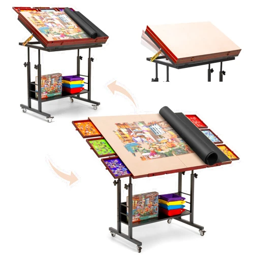 Tektalk 2000 Piece Foldable Jigsaw Puzzle Table with Angle & Height Adjustment, Jigsaw Board with 2 Felt Cover & 8 Sorting Drawers, Puzzle Easel with Legs, Enclosed with 4 Roller Wheels (Black)
