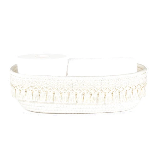Dahey Woven Basket Macrame Storage Basket for Toilet Tank Top Boho Bathroom Decor Toilet Paper Basket for Bathroom Organizing, Gift Baskets Empty for Counter Table Bedroom Living Room Nursery, White