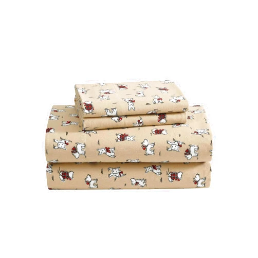 Laura Ashley - Queen Sheets, Breathable Cotton Flannel Bedding with Deep Pockets, Brushed for Extra Softness & Comfort, Oeko-Tex Certified (Holiday Scottie Beige, Queen)