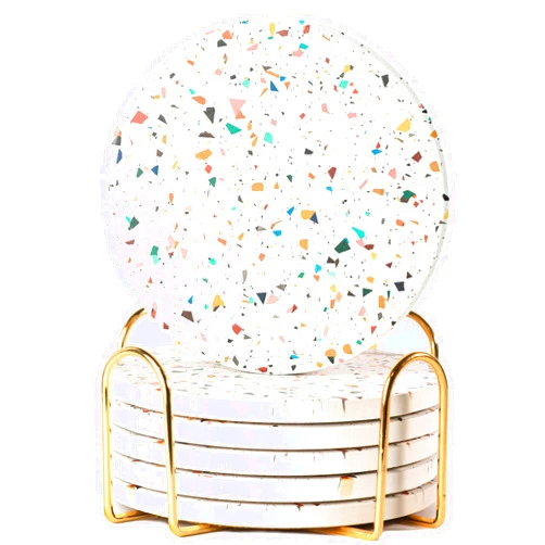 Ilohaus Terrazzo Ceramic Absorbent Coasters with Holder Set of 6, Coasters for Drinks, Coasters Coffee Table, Coaster Set, Marble Coasters, Drink Coasters, Stone Coasters for Drinks Absorbent