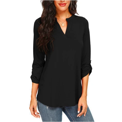 NILOUFO Womens Casual Summer Shirts Notch V Neck Blouses 3/4 Roll Sleeve Tops Tunics