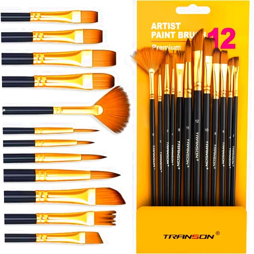 Transon Art Painting Brush Assorted Set of 12 for Acrylic Watercolor Gouache Hobby Painting