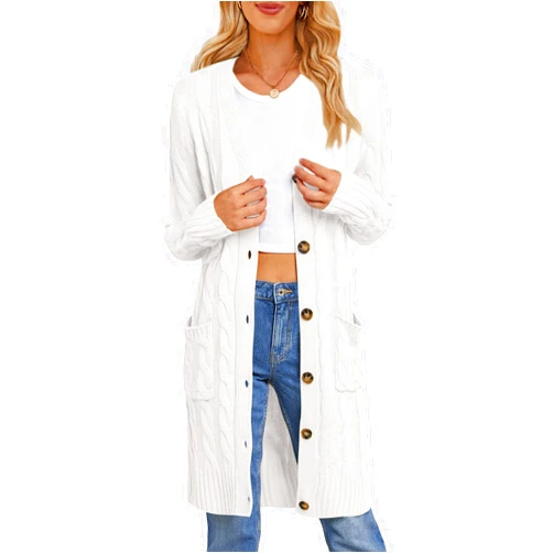 MEROKEETY Women's 2024 Long Sleeve Cable Knit Long Cardigan Open Front Button Sweater Outerwear