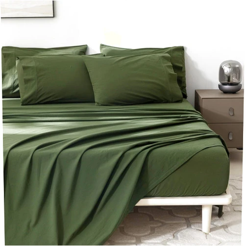 BDEAR 6ps King Size Bedding Sets, 100% Washed Cotton Flat Sheet Plus Skin-Friendly Fitted Plain Sheet and 4 Pillowcases, Linen-Liked Texture Olive Green, 108