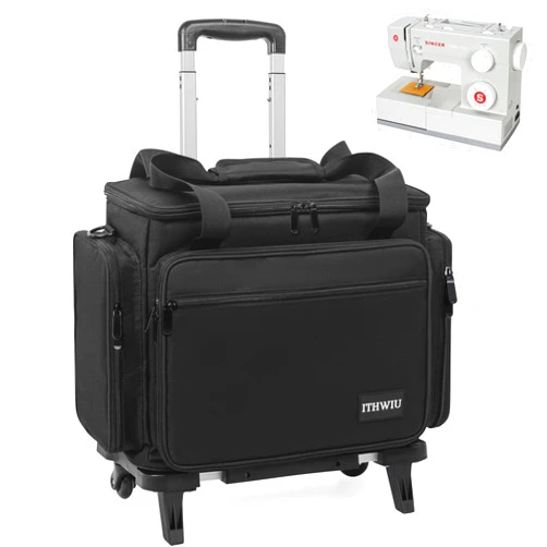 ITHWIU Sewing Machine Case with Wheels, Universal Rolling Sewing Machine Case with Shoulder Strap & Multiple Storage Pockets Compatible with Most Standard Singer, Brother, Janome, Black