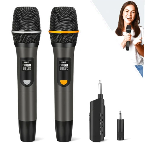 DFTRT Wireless Microphones, UHF Metal Rechargeable Cordless Dynamic Mic System with Auto-Connect Receiver, 160ft Range Professional Wireless Microphone for Karaoke, Party and PA System