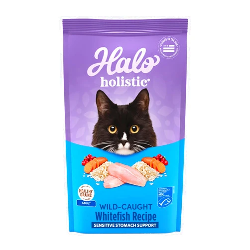 Halo Holistic Cat Food Dry, Wild-caught Whitefish Recipe for Sensitive Stomach Support, Complete Digestive Health, Dry Cat Food Bag, Sensitive Stomach Formula, 10-lb Bag