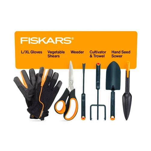 Fiskars Vegetable Garden Tool Set with Vegetable Shears, Seed Sower, Trowel, Cultivator, Weeder, and L/XL Garden Gloves for Indoor or Outdoor Gardening (6 Piece Kit)