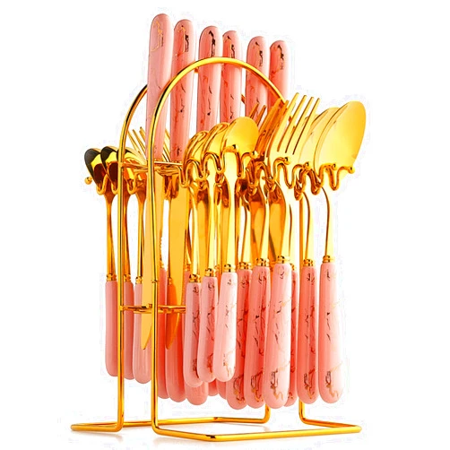 RHCSZ 24-Piece Gilded Stainless Steel Flatware Set Handle with Ceramic,Kitchen Utensil Tableware Cutlery Set Service for 6, Steak Cutlery Set for Home and Restaurant (Pink)