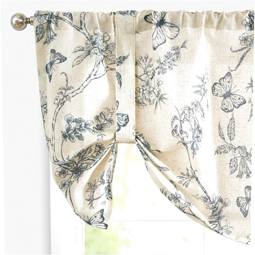 Lazzzy Kitchen Tie Up Valance Curtain Linen Floral Farmhouse Valance for Living Room Bathroom Bedroom Country Valance Window Treatments Small Cafe Curtian 18 Inch Rod Pocket 1 Panel Blue on Beige