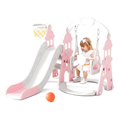 XJD 4-in-1 Toddler Slide and Swing Set, Kids Slide for Toddlers Age 1+, Toddler Outdoor Playset with Basketball Hoop, Swing, Outdoor Indoor Playground for Toddlers 1-3 (Pink)