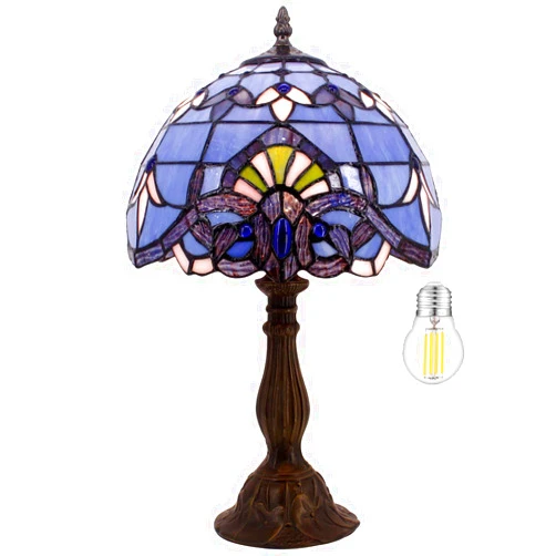 WERFACTORY Tiffany Lamp Stained Glass Table Lamp 12X12X18 Inches Blue Purple Baroque Style Lavender Bedside Reading Desk Light Decor Bedroom Living Room Home Office S003C Series