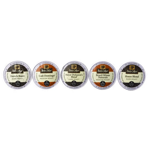 Peet's Coffee Peets Coffee Sampler Variety Pack without Decaf (Brazil Minas Naturais, Cafe Domingo, House Blend, Major Dickasons, French Roast), 30 K-cup