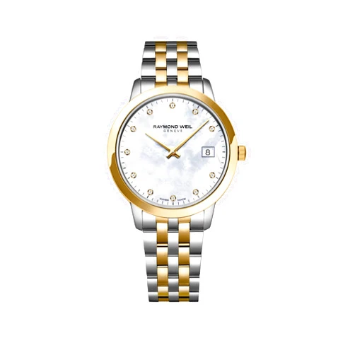 RAYMOND WEIL Toccata Women's Watch, Quartz, Mother-of-Pearl dial, 11 Diamonds Indexes, Two-Tone, Stainless Steel with Yellow Gold PVD Plating, 34mm (Model: 5385-STP-97081)
