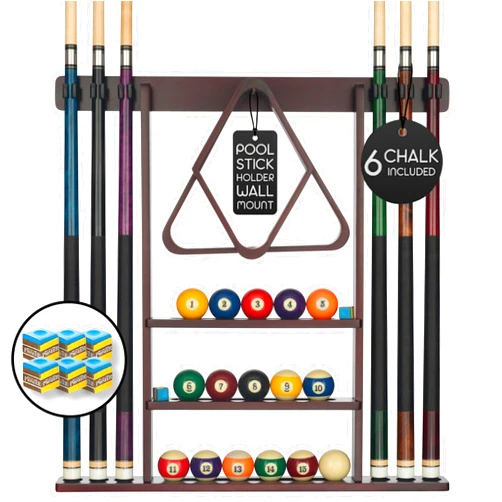 BILLIARDS XPRESS Pool Cue Rack - Pool Stick Holder Wall Mount With 16 Ball Holders & 6 Pack Of Chalk - Rubber Circle Pads & Large Clips Prevent Damage - Man Cave Billiard Table Accessories (Mahogany)