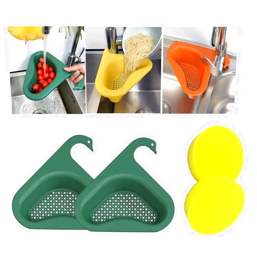 Soccerdog Swan Drain Basket Sink With 2 Pack Reusable Sponge, Kitchen Triangle Sink Filter, Easy To Clean And Install, Corner Kitchen Sink Strainer Basket, Drain Rack Fits All Sink (2PC-Green)