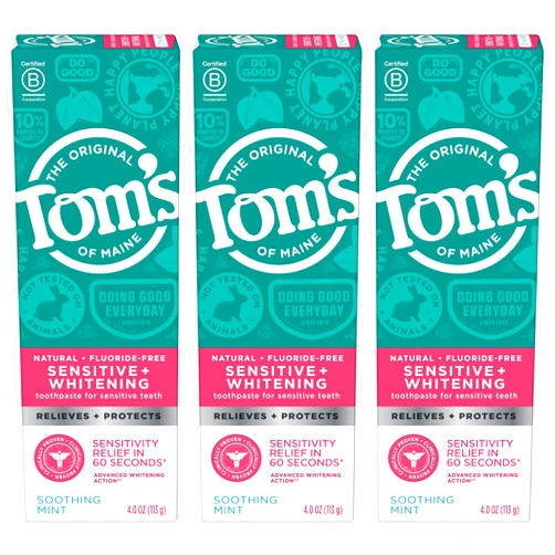 Tom's of Maine Sensitive + Whitening Fluoride Free Toothpaste,Soothing Mint 4.0 oz 3-Pack