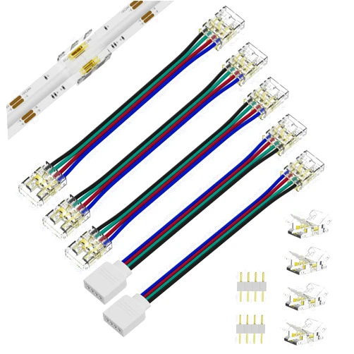 PAUTIX 10mm Connectors for COB RGB LED Strip Lights 4 Pin,4pcs Transparent Gapless Connectors,3pcs Dual Ends Extension Connectors and 2pc Strip to 4 Pins Plug 5.5in Extension Wire