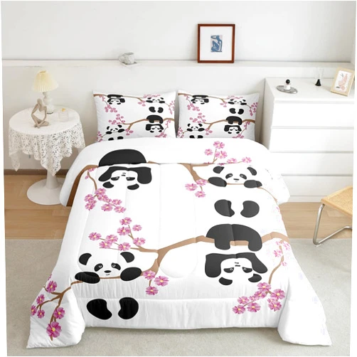 Erosebridal Kids Panda Comforter Set, Cherry Blossoms Bedding Set Queen Size Cute Animal Quilted Duvet for Boys Girls Teens Adult, Flower Branches Cartoon Style Bedding Comforters for Bedroom Decor
