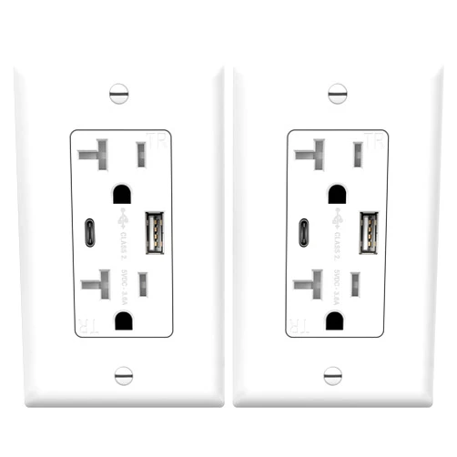 TOPGREENER 20 Amp USB Outlet, Type C USB Wall Charger Outlet, 20A Tamper-Resistant Receptacle with 2 USB Charging Ports, Wall Plate Included, TU22036AC-W-2PCS, White, 2 Pack
