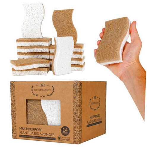 BLEEKER & RÖWE Natural Kitchen Sponge - Biodegradable Compostable Cellulose and Coconut Scrubber Sponge - 14pcs