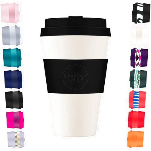 Ecoffee Cup 14oz (400ml) Reusable Coffee Cup – PLA Plant-Based Travel Mug with Silicone Lid, Melamine Free & Dishwasher Safe – Black Nature