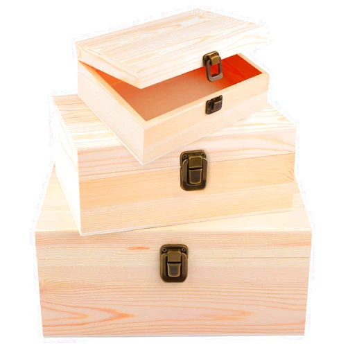 ADXCO 3 Pack Unfinished Wood Treasure Chest Decorative Wooden Box Pine Wood Box with Locking Clasp for Crafts, Art, Hobbies, Projects, Jewelry Box and Home Storage