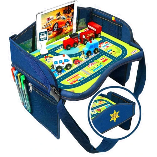 Coolmum Kids Travel Tray, Toddler Car Seat Tray, Double Sided Activity Organizer, Snack Lap Table, Baby Stroller Tray, Airplane Play Table, Waterproof and Foldable (Premium Blue)