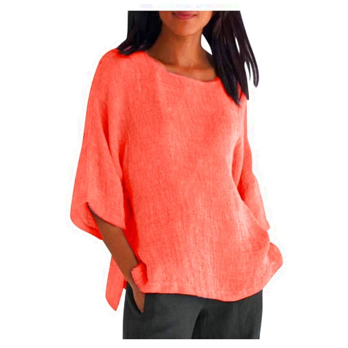 SUOKOM Tunic Tops For Women Loose Fit Dressy Summer Linen Tops For Women, 3/4 Sleeve T Shirts Loose Plus Size Cotton Linen Tshirt Womens Crewneck Casual Blouse Tee Blusas Mujer Tallas Grandes Pink