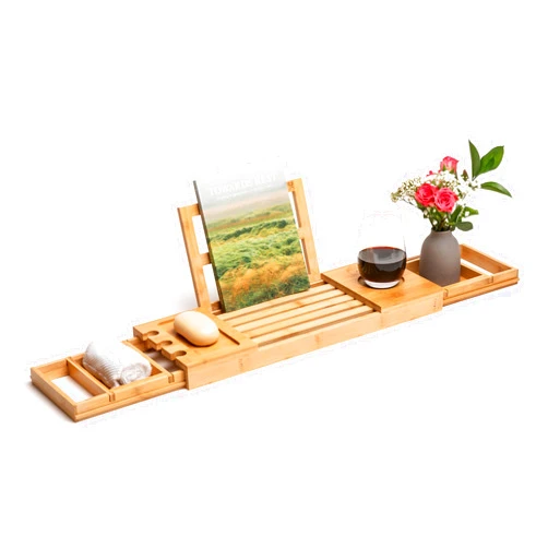Zåz interiors Zaz Bamboo Luxury Bathtub Tray Wooden - Bath Caddy Table with Expanding Adjustable Slats for Tub with Phone Tablet Book Towel Beverage Holders - Varnished Mold Proof