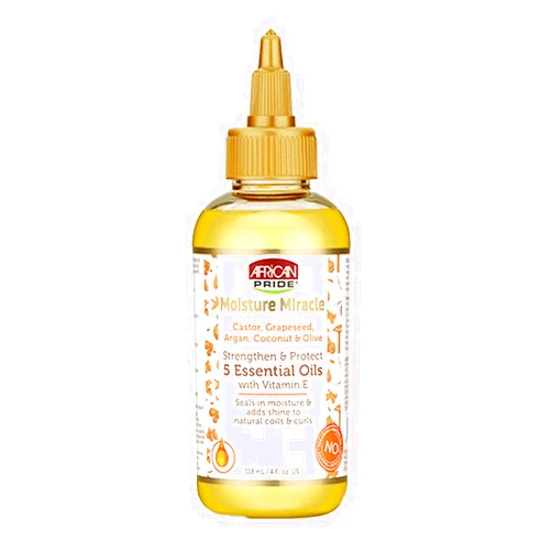 African Pride Moisture Miracle 5 Essential Oils - Contains Castor, Grapeseed, Argan, Coconut & Olive Oil, Seals in Moisture & Adds Shine to Hair, Vitamin E, 4 oz