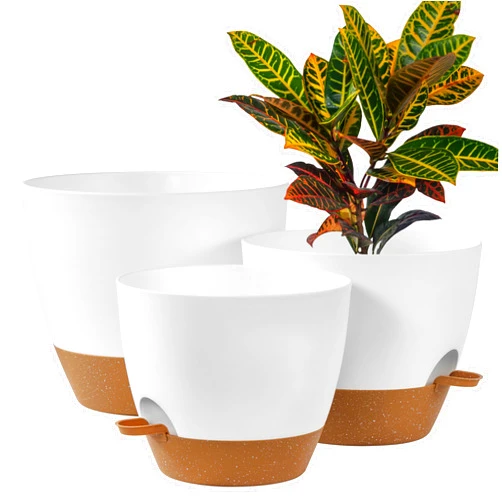 FaithLand 3-Pack Large Planter Pots, 12 10 9 Inch Self Watering Flower Pots for Indoor Outdoor Garden Plants, White with Brown
