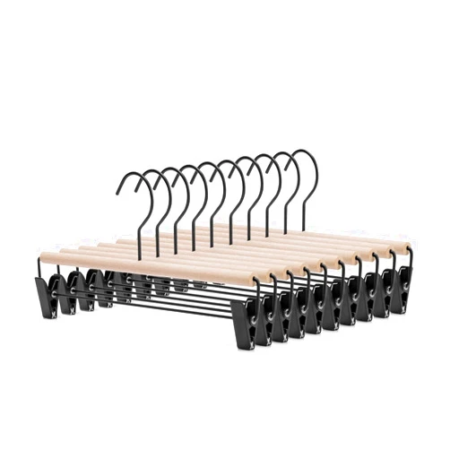 Nature Smile Deluxe Beech Wooden Pants Hangers Bottom Hanger Jeans Hanger Trousers Skirt Hanger with 2-Adjustable Black Matt Clips and Hook 10 Pack (Natural Wood+Black Metal)