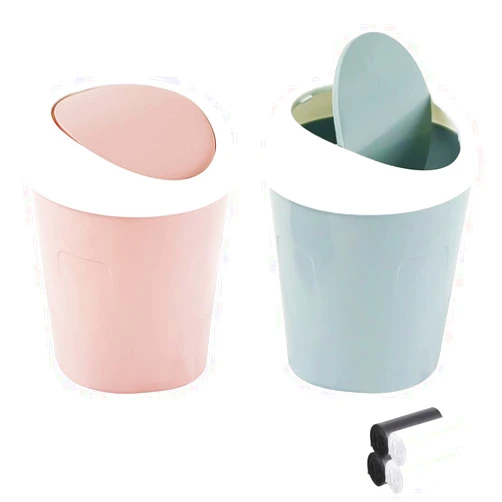 SITAKE 2 Pcs Plastic Mini Wastebasket Trash Can with 120 Trash Bags, Tiny Desktop Waste Garbage Bin with Swing Lid for Home, Office, Kitchen, Vanity Tabletop, Bedroom, Bathroom (Blue + Pink)