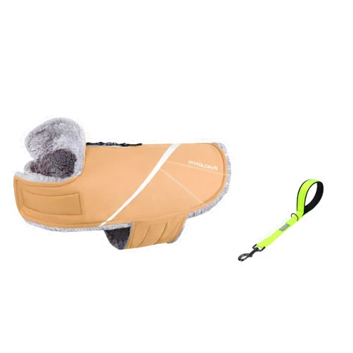 VIVAGLORY Snowrap Dog Coat + Short Dog Leash, Fluffy Warm Fleece Lined Reflective Water Resistant for Puppy, Soft Padded Handle for Training & Walking