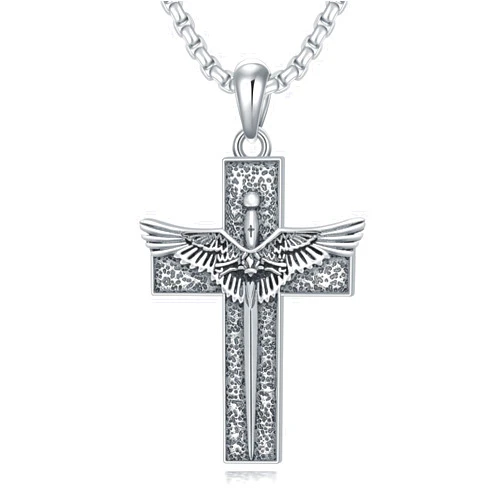 MEIDERBO Sword Cross Necklace 925 Sterling Silver Cross Necklace Cross Angel Wings Pendant Christian Religious Cross Jewelry Gifts for Men Women