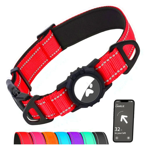 Joytale Airtag Dog Collar, Dual D-Rings, Reflective Pet Collar with Waterproof AirTag Holder, Soft Padded Adjustable for Medium Dogs, Red, M